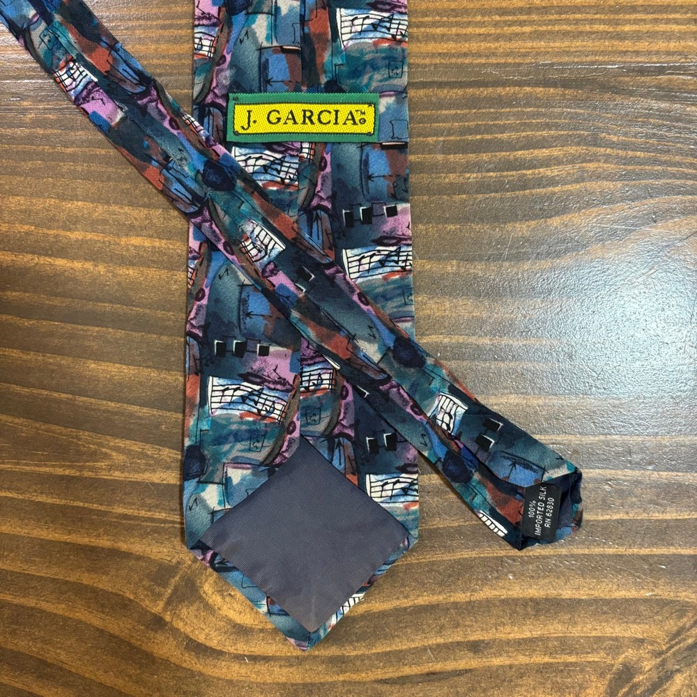 J. Garcia Mens Abstract Silk Necktie Blue Purple Musical Art Tie 3.75" x 54.5" - Picture 3 of 6